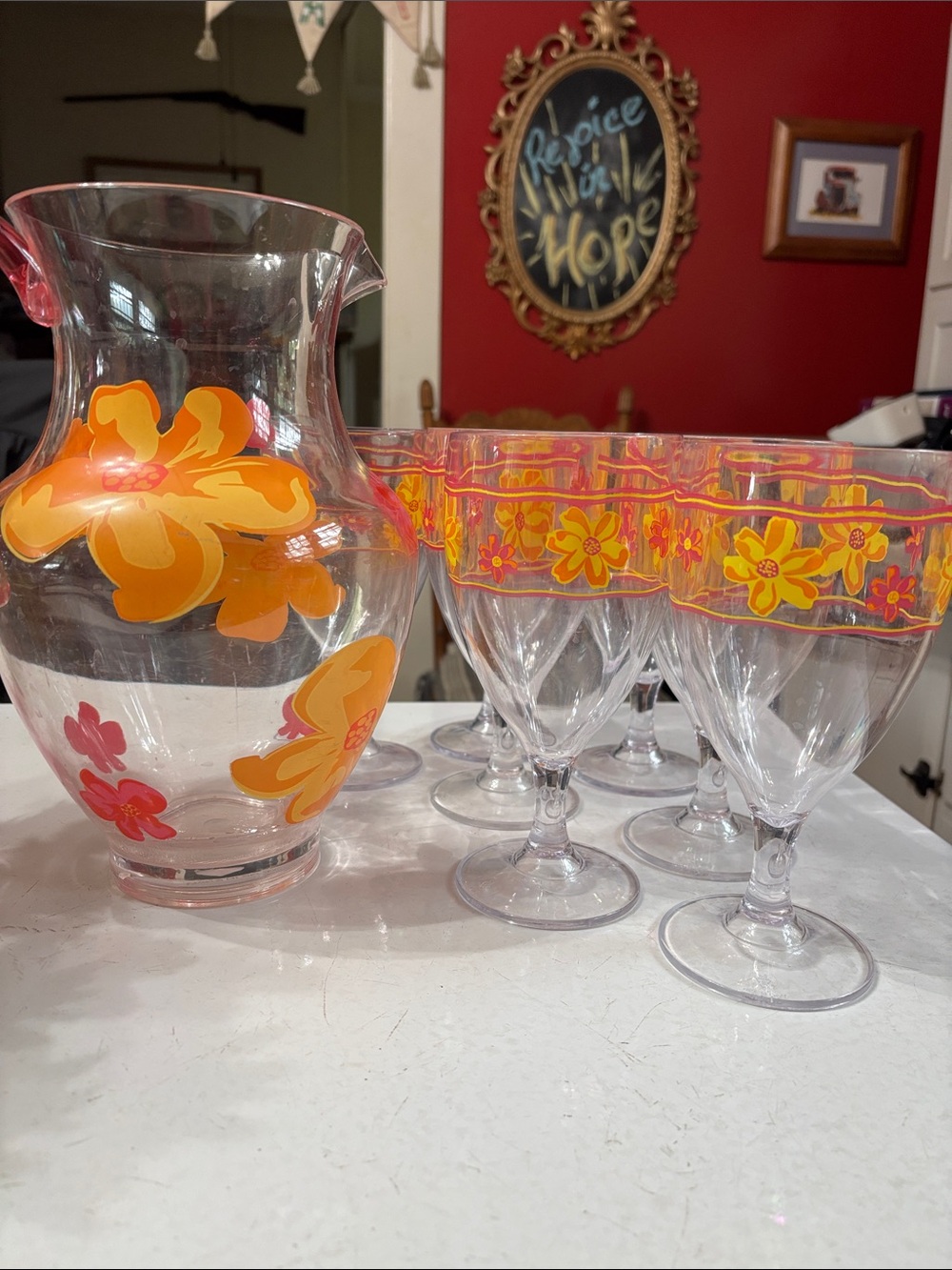 Hand-Painted Plastic Pitcher and Goblet Set — Orange and Yellow Floral